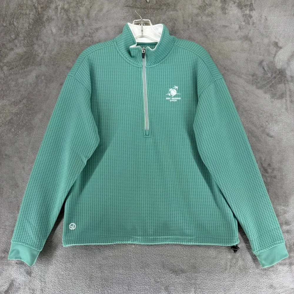Straight Down Pullover Mens L Green BNP Paribas Open 1/4 Zip Waffle Knit EUC